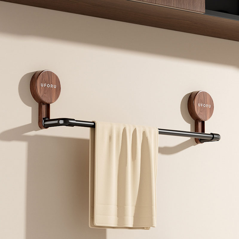 Walnut Wood Telescopic Suction Towel Rack: Strong Load-Bearing & Built-in hooks