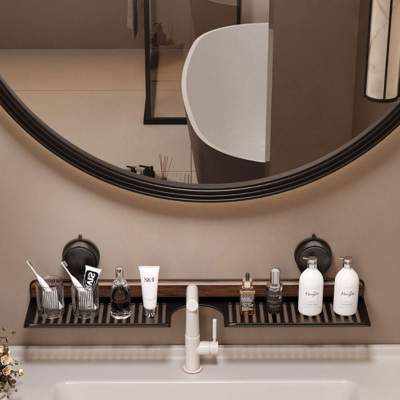 No-Drill Walnut Aluminum Faucet Rack: Hollow Drainage & Heavy-Duty