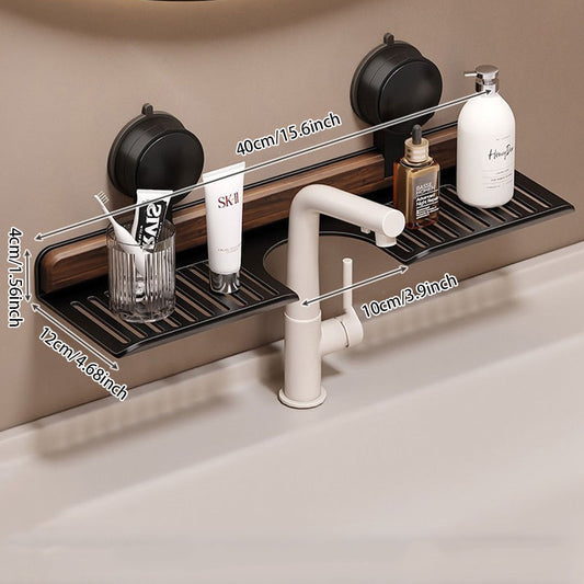 No-Drill Walnut Aluminum Faucet Rack: Hollow Drainage & Heavy-Duty