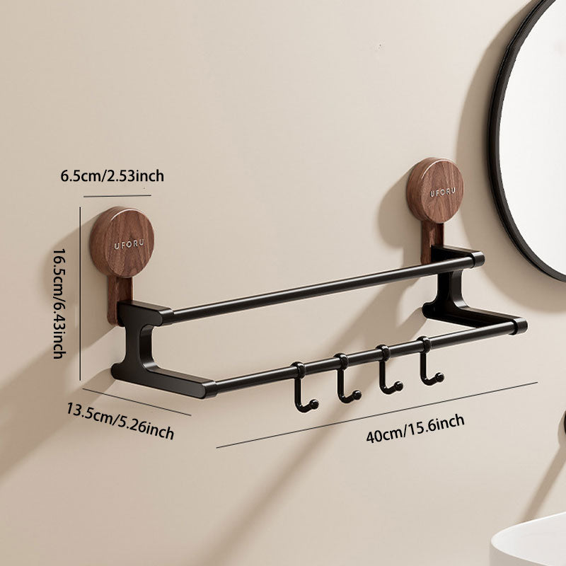 Walnut Wood Telescopic Suction Towel Rack: Strong Load-Bearing & Built-in hooks