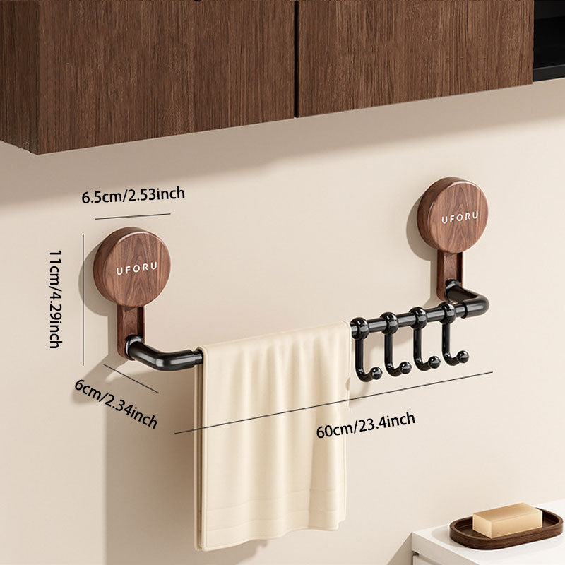Walnut Wood Telescopic Suction Towel Rack: Strong Load-Bearing & Built-in hooks